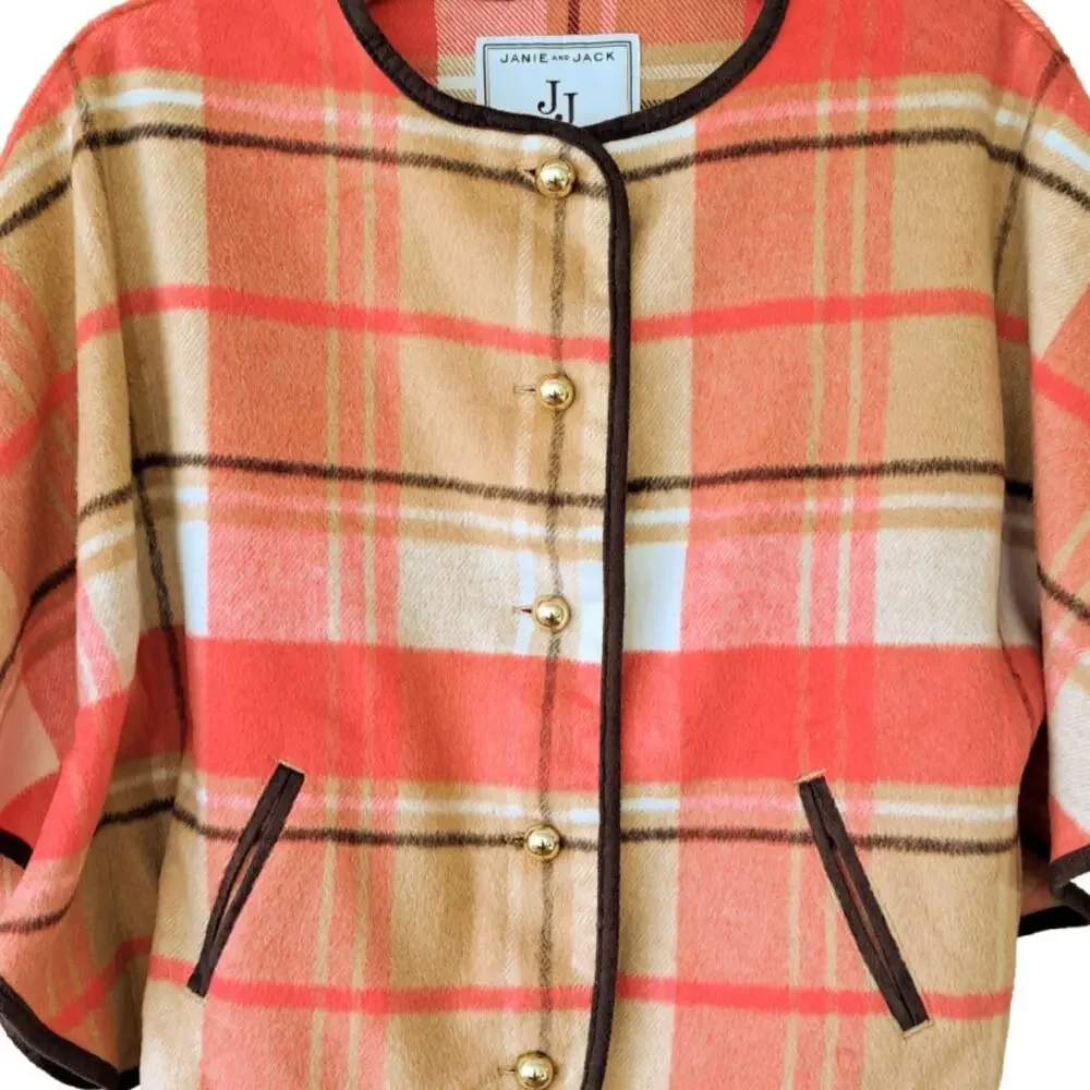 JANIE and JACK Plaid Cape Horse Trail Girls Size 5/6 Coral Camel Tan Fall Poncho